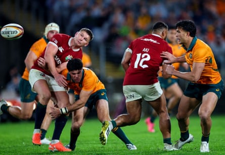 Australia’s Ben Donaldson tackles Lion’s Owen Farrell during the third Test in Sydney