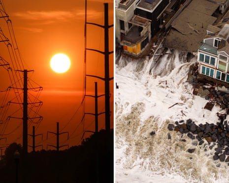 a composite image showing the sun behind power lines on the left and waves crashing into homes on the right