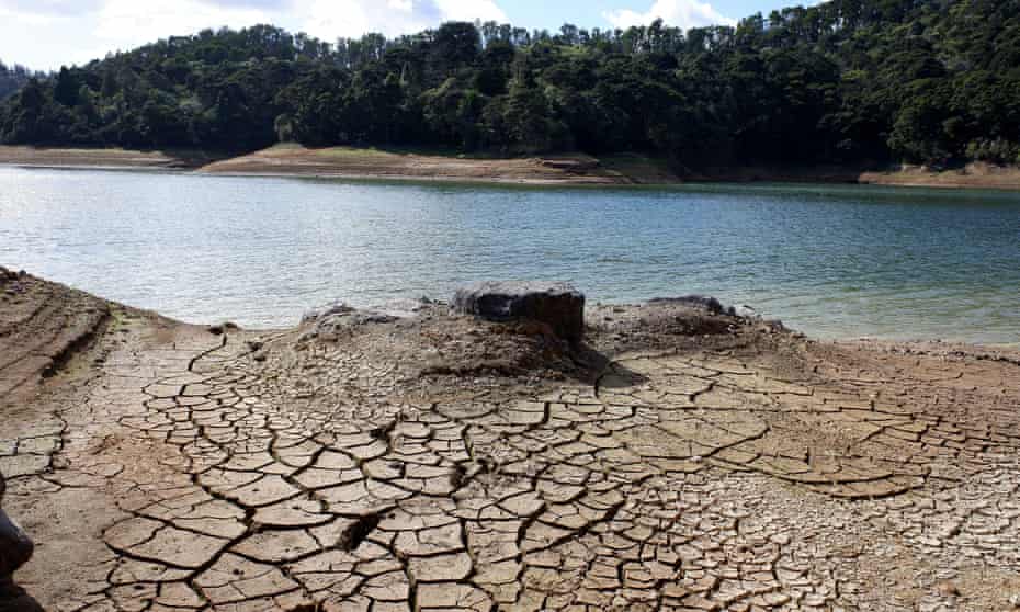 The Cosseys dam in New Zealand's Hunua Ranges at about 50% capacity during a drought in April 2020