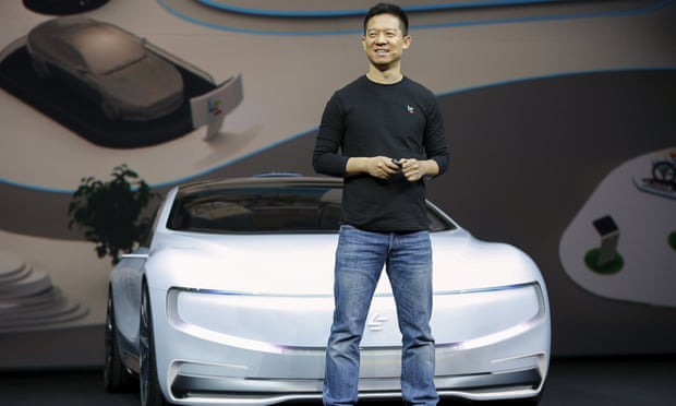 Jia Yueting, co-founder and head of LeEco, unveils an all-electric battery ‘concept’ car in Beijing on Wednesday. Links between LeEco, Atieva and Faraday Future are murky.