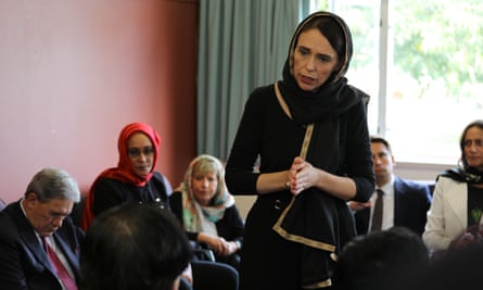 New Zealand Prime Minister Jacinda Ardern speaks to representatives of the Muslim community at Canterbury refugee centre in Christchurch