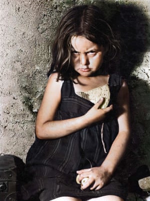 A young refugee shelters in a church in Barcelona in 1939, after her home in Madrid was bombed during the Spanish civil war: black and white image coloured by artist Marina Amaral