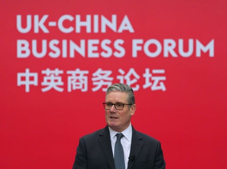 Prime minister Sir Keir Starmer speaking on stage at the UK-China Business Forum in Beijing