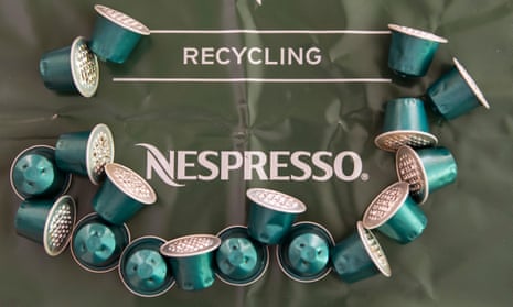 Nespresso coffee capsules on a recycling bag
