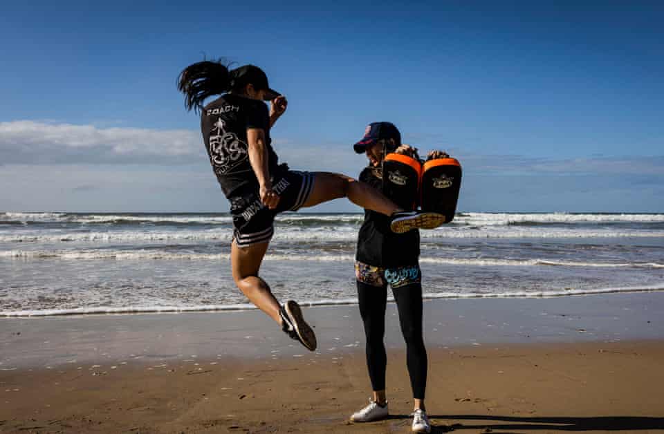Participants of an all female Muay Thai camp. Located in Ocean Grove, a seaside town in Victoria, Australia.As JS Muay Thai, they aim to make the male-dominated sport much more inclusive to women of all backgrounds and cultures, via intensive events like this. Jo and Som demonstrating drills.