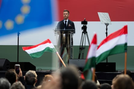 Péter Magyar gives a speech on Hungary’s National Day in Budapest