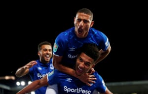 Everton’s Mason Holgate celebrates scoring their first.