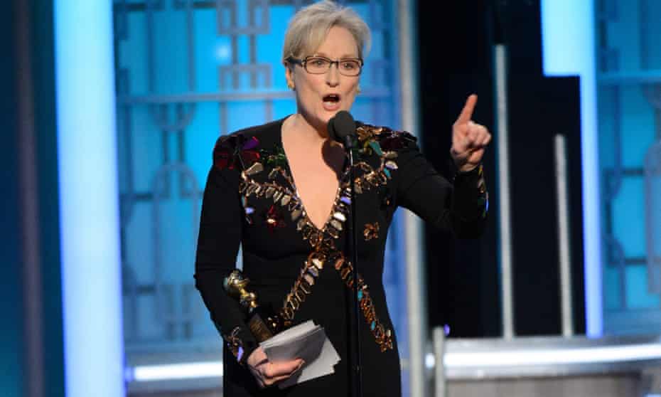 A handout photo made available by the Hollywood Foreign Press Association (HFPA) on 09 January 2017 shows Meryl Streep accepting the Cecil B. DeMille Lifetime Achievement Award during the 74th annual Golden Globe Awards