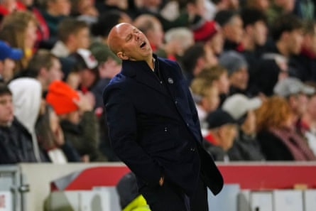 Liverpool’s manager Arne Slot reacts during the Premier League soccer match between Brentford and Liverpool in London, Saturday, Oct. 25, 2025.