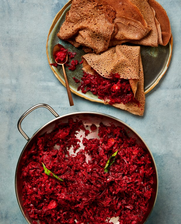 Meera Sodha’s spiced beetroot with 60 minute injera.