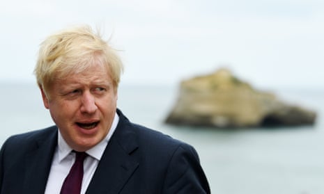 Boris Johnson talks to broadcasters at the G7 summit in Biarritz.