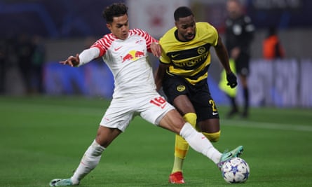 Fabio Carvalho and Young Boys’ Ulisses Garcia vie for the ball during RB Leipzig’s home Champions League match on 13 December