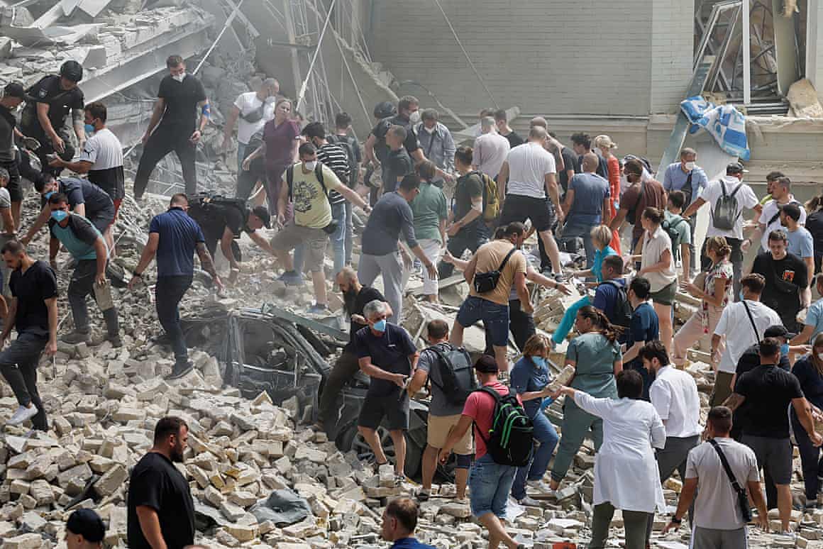 Rescuers work at Ohmatdyt Children’s Hospital, which was damaged during Russian missile strikes on 8 July.