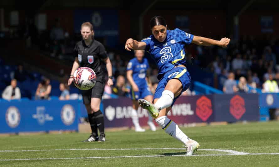 Sam Kerr volleys in her first goal for Chelsea against Manchester United on Sunday.