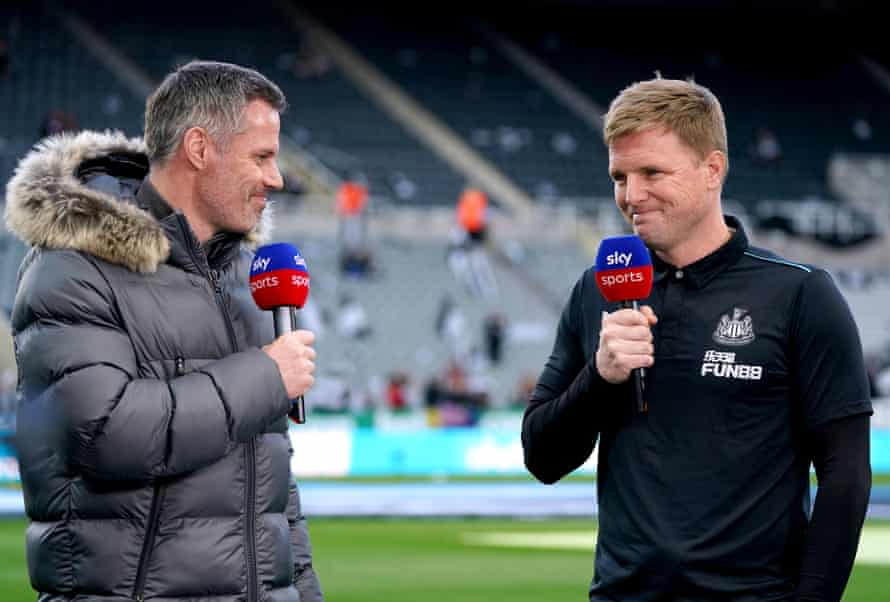 Jamie Carragher chats to Newcastle boss Eddie Howe on the pitch before the kick off.