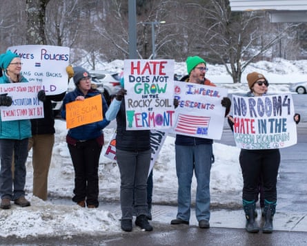 Residents in Waitsfield, Vermont, protest against JD Vance during the vice-president’s skiing holiday in March 2025.