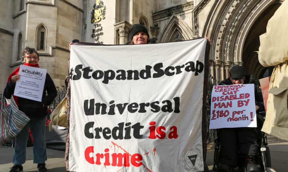 Protest outside the Royal Courts of Justice supporting a legal challenge of a universal credit refusal.