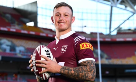 J’maine Hopgood in a Maroons jersey at Suncorp Stadium.