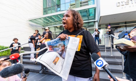 Bernadette Clarke, the sister of JC who was shot dead by a WA police officer, speaks to the media outside the supreme court in Perth