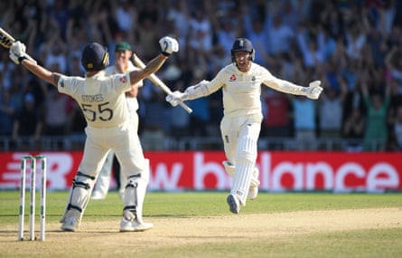 Ben Stokes and Jack Leach celebrate victory.