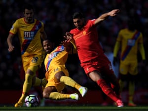 Jason Puncheon jumps in for the taclke on Emre Can.