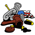 Illustration of a fallen classical column lying on its side next to a wooden gavel, broken pen, and American flag.