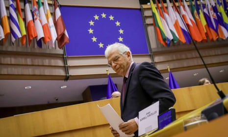 The EU’s high representative for foreign affairs, Josep Borrell, attends a debate after his visit to Russia.