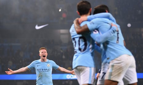 Kevin De Bruyne of Manchester City runs to join the celebrations after Raheem Sterling of Manchester City scored his side’s fourth goal.