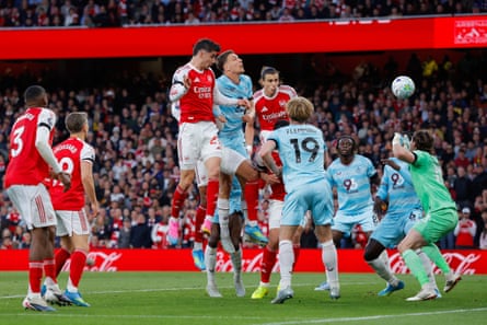 Kai Havertz rises to head home a Bukayo Saka corner
