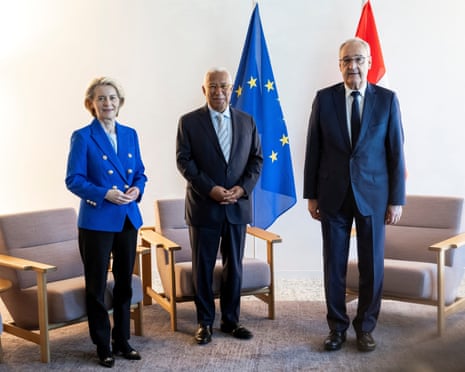 European Commission president Ursula von der Leyen, European Council Ppresident António Costa, Swiss Federal president Guy Parmelin, prior to a trilateral meeting on the sidelines of the Evian G7 summit in Geneva, Switzerland.