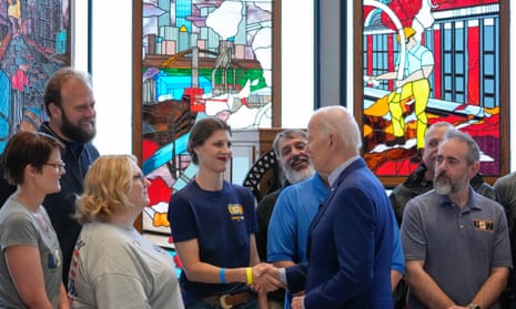 Joe Biden greeting steelworkers at United Steelworkers Headquarters, Wednesday, April 17, 2024, in Pittsburgh, Pa.