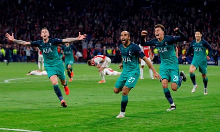 Lucas Moura celebrates his 2019 hat-trick against Ajax with Toby Alderweireld and Dele Alli.