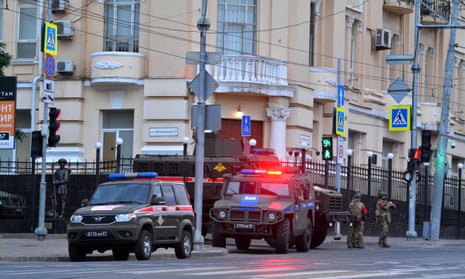 Armoured vehicles block a street in Rostov-on-Don