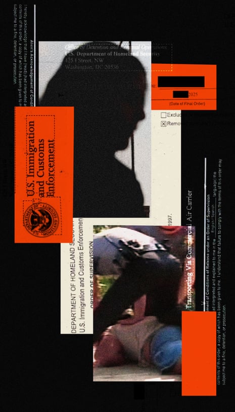Silhouette of an Iranian woman, DHS officers wrestle a detainee to the ground