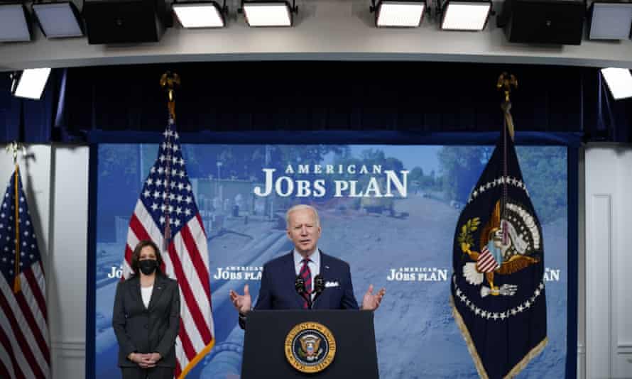 Joe Biden speaks at the White House on the American Jobs Plan. Vice President Kamala Harris is at left.