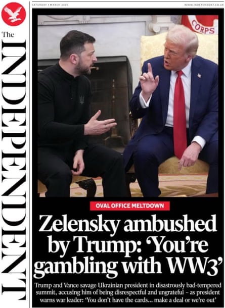The Independent front page, Saturday 1 March 2025