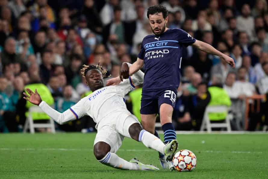 Eduardo Camavinga tackles Manchester City’s Bernardo Silva during the Champions League semi-final second leg at the Bernabeu