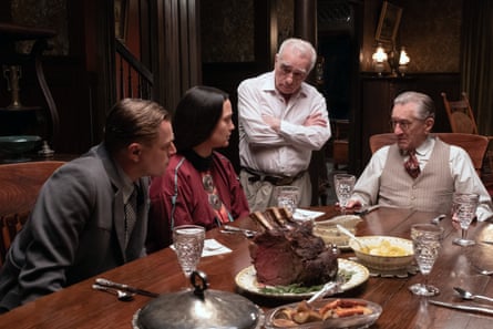 In Killers of the Flower Moon with, from far left, Leonardo DiCaprio, Lily Gladstone and Martin Scorsese.