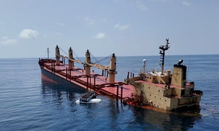 British-registered cargo ship Rubymar sinking, after it was targeted by Yemen’s Houthi forces