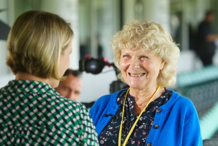 Jo Hamilton smiles while speaking to media at the Oval, London.
