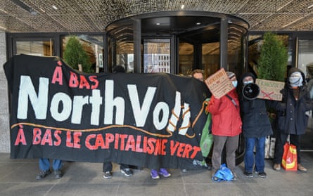 Protesters outside a hotel before a speech by Paolo Cerruti, co-founder and chief operating officer of Northvolt, at the Montreal Chamber of Commerce in Quebec, Canada, on 28 November 2023.