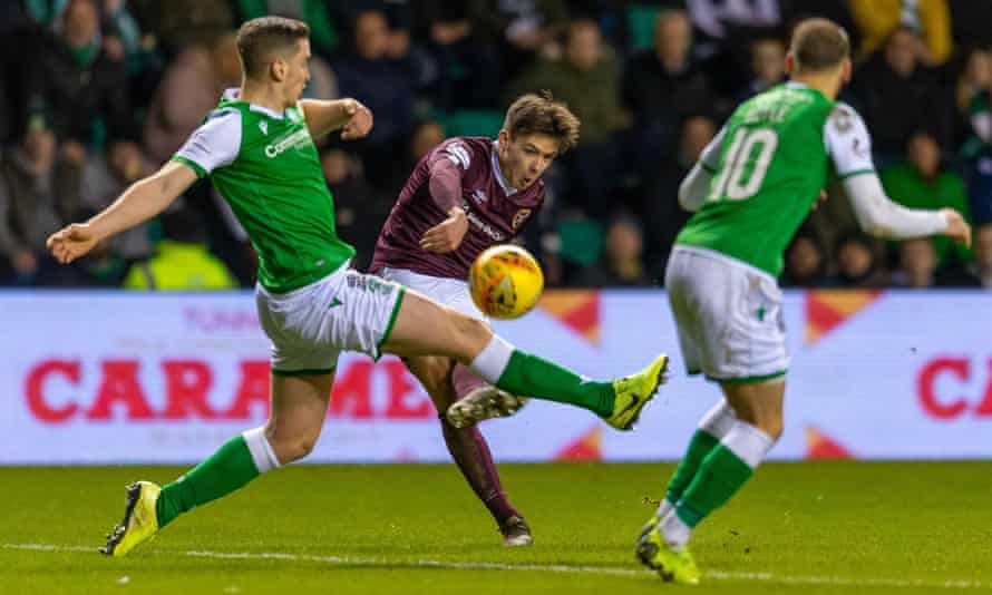 Aaron Hickey playing for Hearts against Hibernian in March 2020