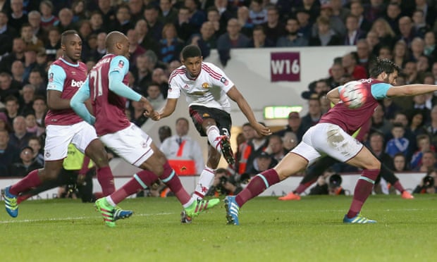 Marcus Rashford opened the scoring at Upton Park for Manchester United, hitting a curling shot off the underside of West Ham’s crossbar.