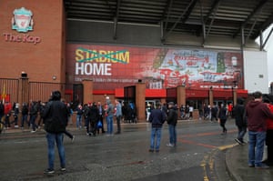Fans arriving outside the Kop before the Liverpool v Huddersfield Premier League match at Anfield in April 2019.