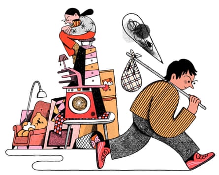 An illustration showing a man leaving with a couple of items while a woman sits on a pile of furniture and other items.