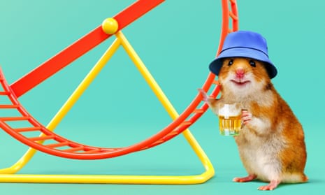 illo of a hamster next to a wheel with a hat on and holding a pint of lager