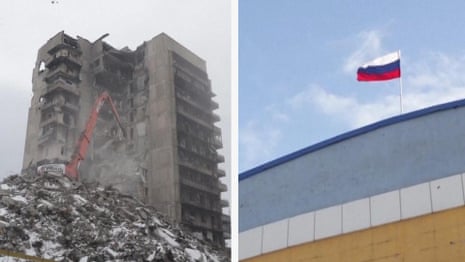 New builds erected as an excavator dismantles a damaged building in Mariupol – video
