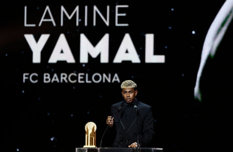 FC Barcelona's Lamine Yamal makes a speech after winning the men's Kopa Trophy.