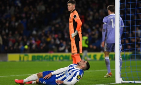 Neal Maupay of Brighton &amp; Hove Albion reacts after missing a chance.