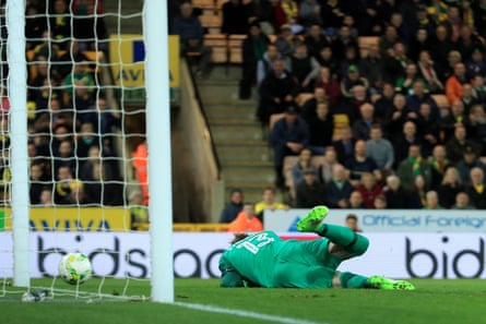 David Stockdale ships one of two own goals in the match against Brighton at Carrow Road in 2016-17. He’s had better days.